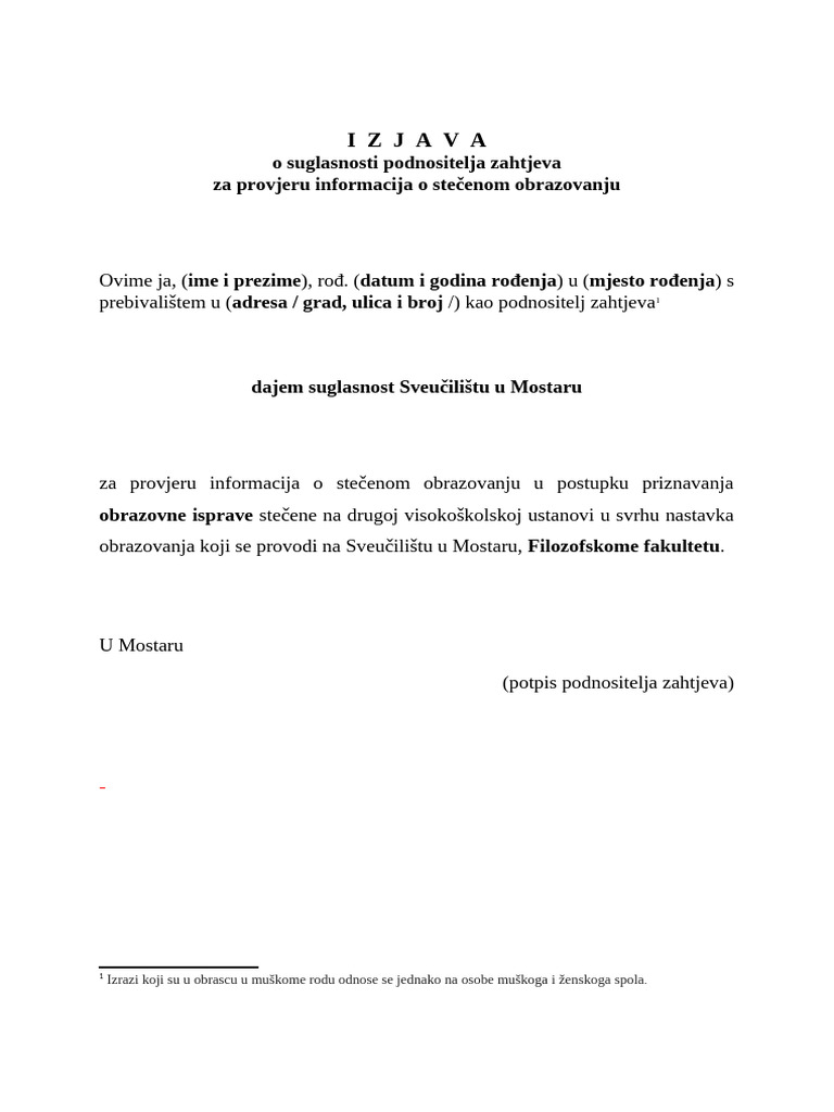 Prijedlog Izjave o Suglasnosti Podnositelja Zahtjeva - .Obrazovna ...