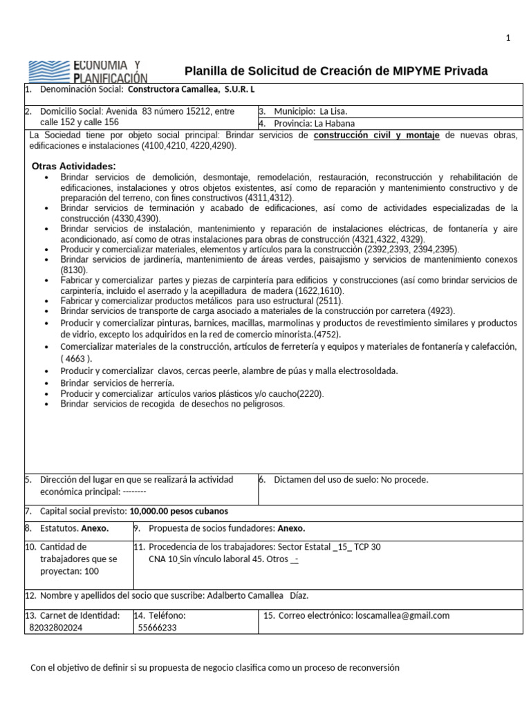 CamaPLANILLA Constructora Camallea S U R L PDF