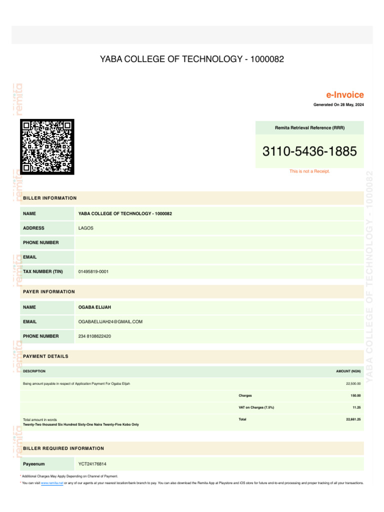 Yaba College Application e-Invoice | PDF | Receipt | Money