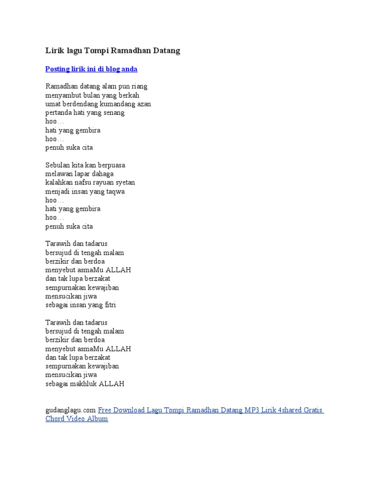 Lirik Lagu Tompi Ramadhan Datang Posting Lirik Ini Di Blog Anda 100%100% found this document useful, mark this ramadhan tiba semua bahagia ramadhan tiba semua bahagia. lirik lagu tompi ramadhan datang