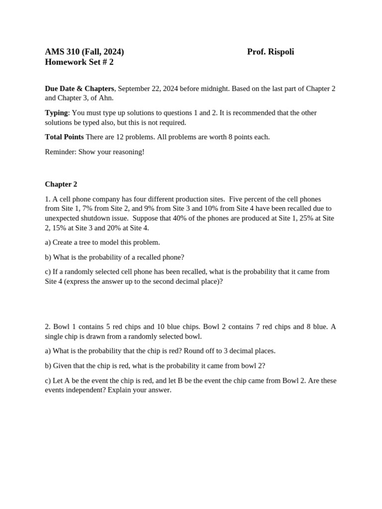 AMS 310 Fall 2024 HW 2 | PDF
