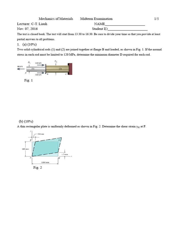 Mechanics of Materials Midterm Exam | PDF | Strength Of Materials ...