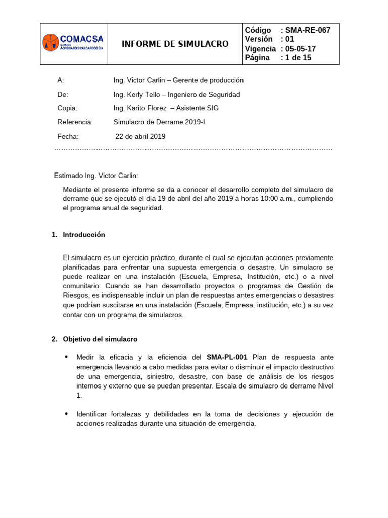 Informe Simulacro de Derrame | PDF