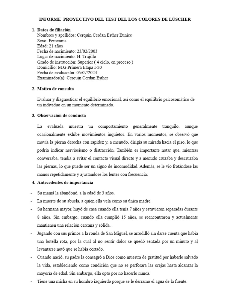 Informe del Test de Colores de Lücher | PDF | Estrés (biología) | Las ...