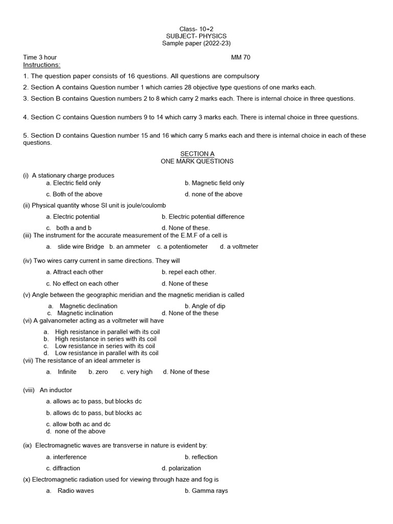 Sample Paper +2 Physics 16.01.23 | PDF