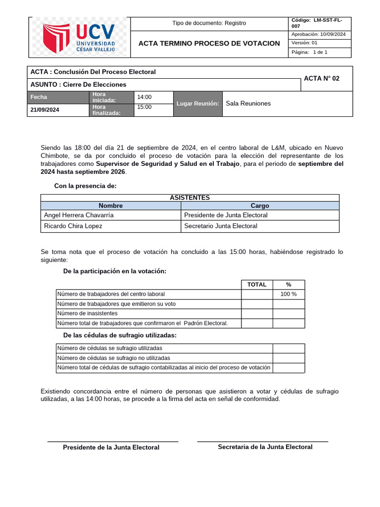 Acta de Cierre de Proceso Electoral | PDF | Votación | Gobierno
