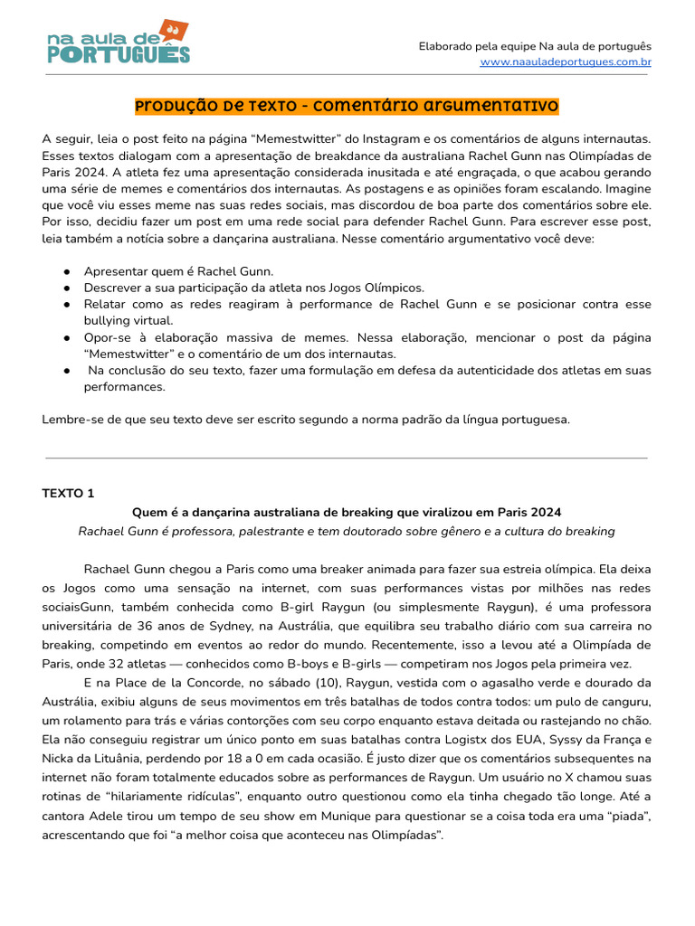 Comentário Argumentativo - Rachel Gunn - Breaking Nas Olimpíadas de ...