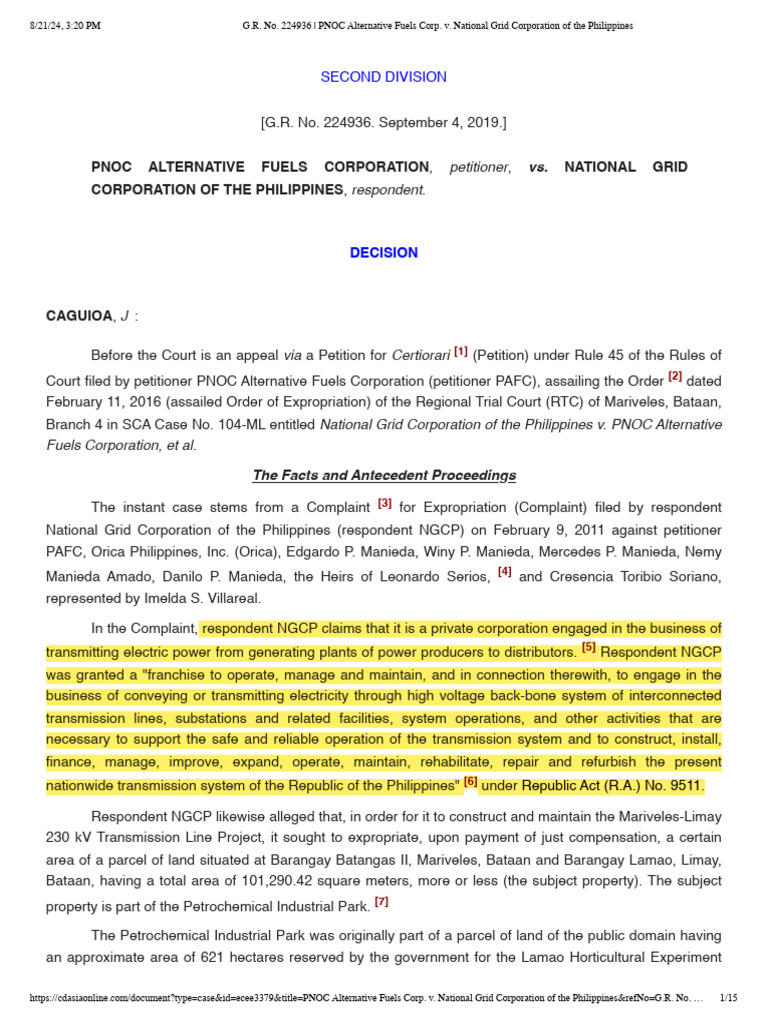 G.R. No. 224936 - PNOC Alternative Fuels Corp. v. National Grid ...