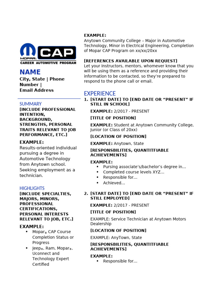 Mopar CAP Resume Template PDF - 1
