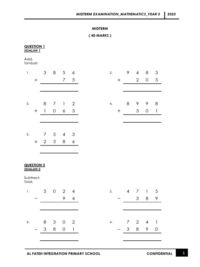 Midterm Math Year 3 | PDF