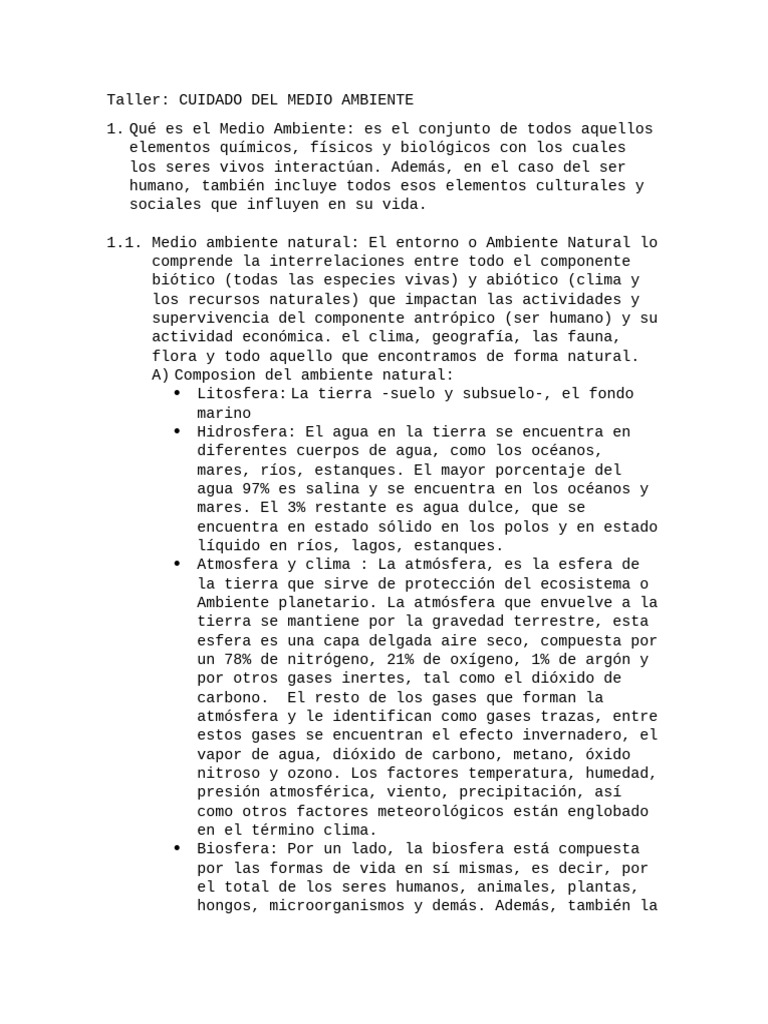 Taller Cuidado Del Medio Ambiente | PDF | Entorno natural | Hogar ...