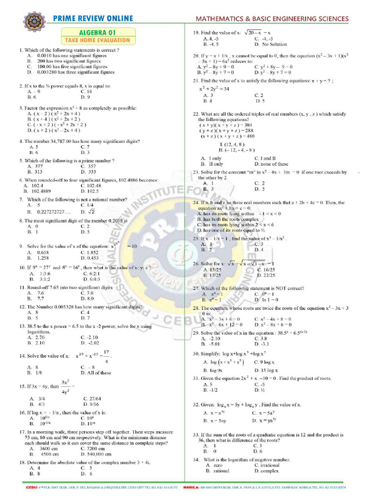 ALGEBRA 01 100 items | PDF