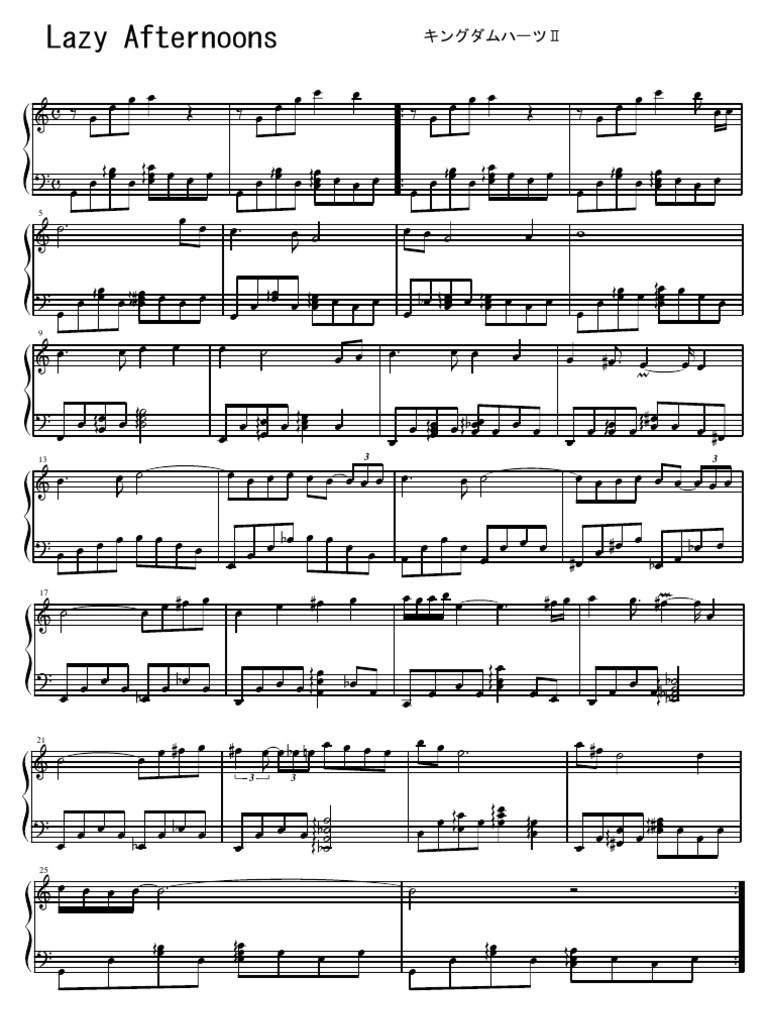 Sheet Music Kingdom Hearts Ii Lazy Afternoons Des Sports Loisirs