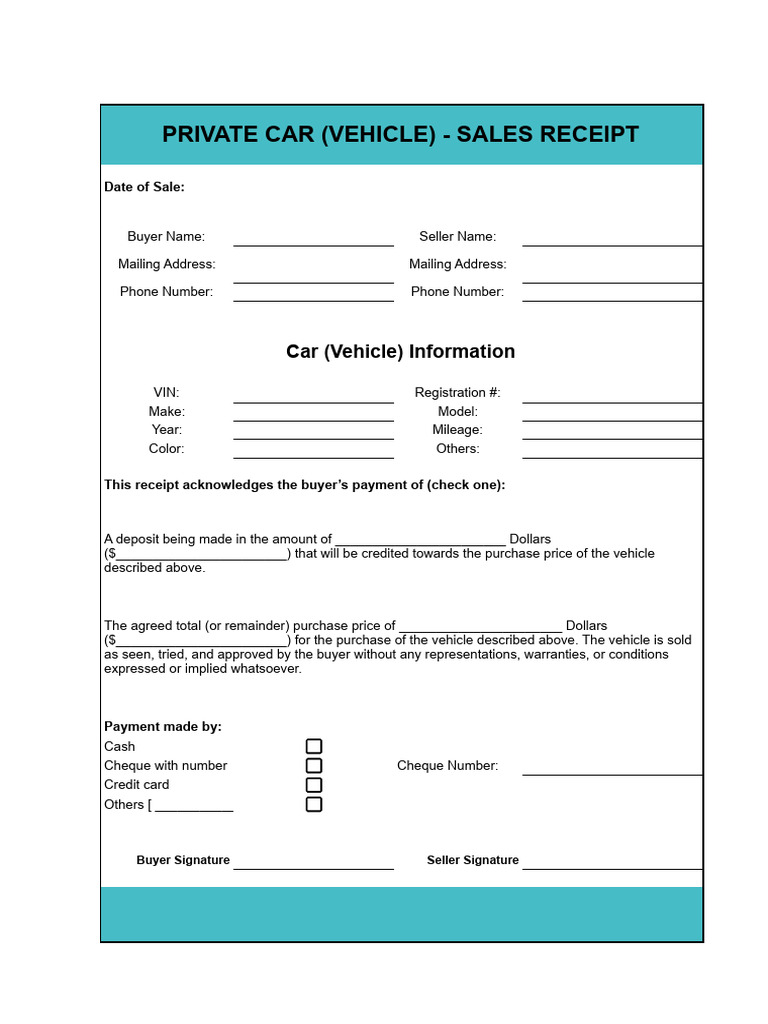 Car Vehicle Sales Receipt Template Sheet Sheet1 1 PDF