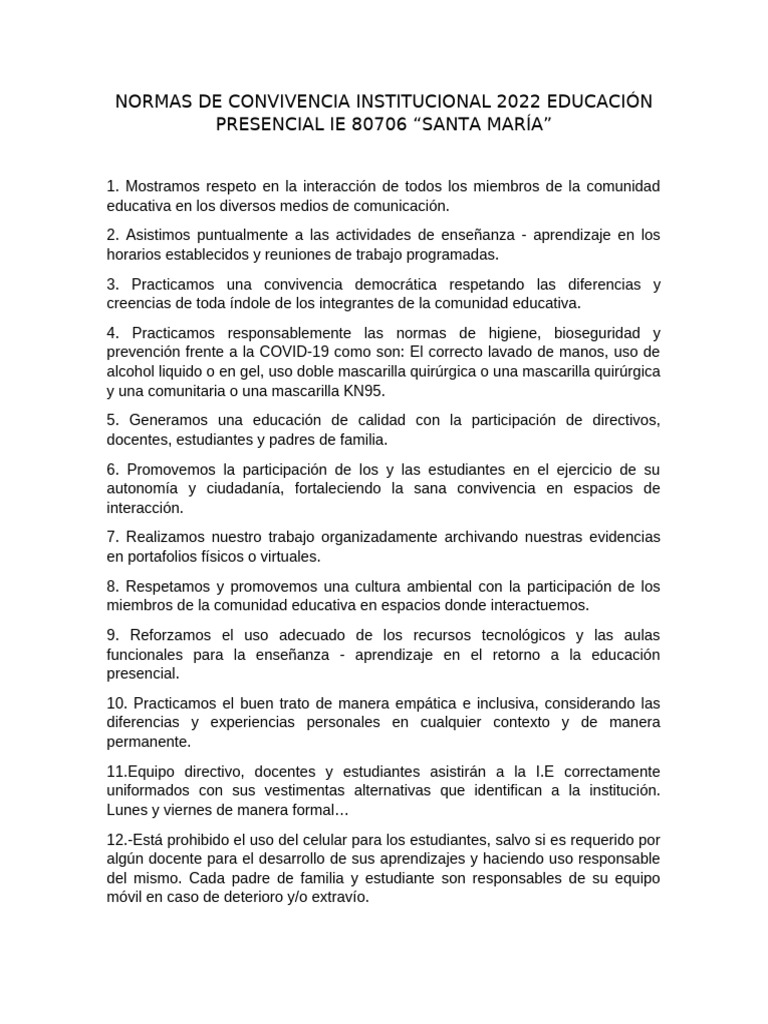 Normas de Convivencia Institucional 2022 | PDF