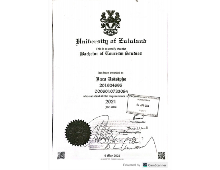 University of Zululand cert | PDF