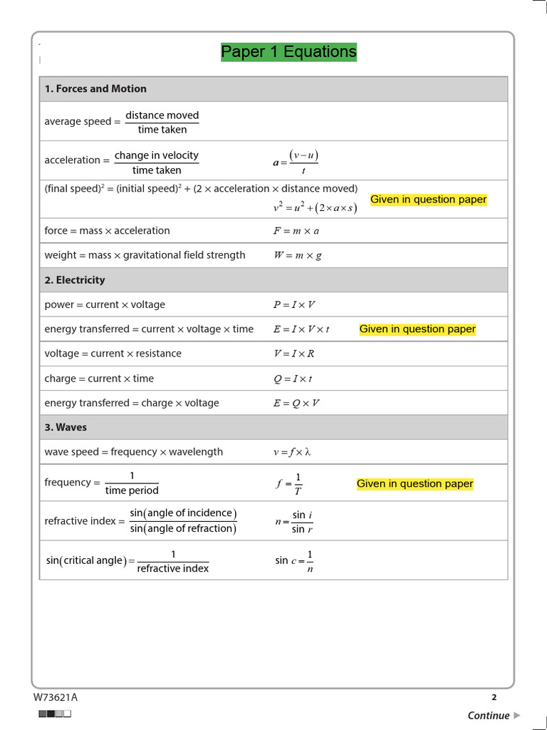 Equation Booklet - Not Given in Examinations | PDF