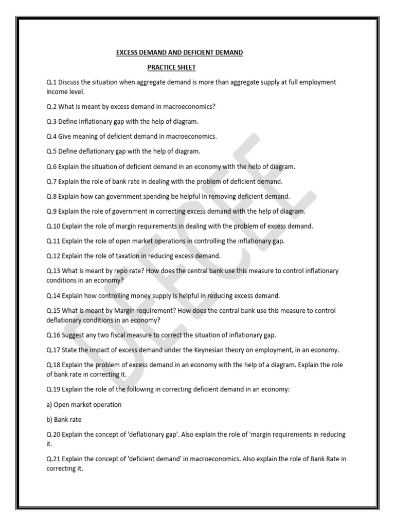 Practice Sheet Excess Demand and Deficient Demand | PDF