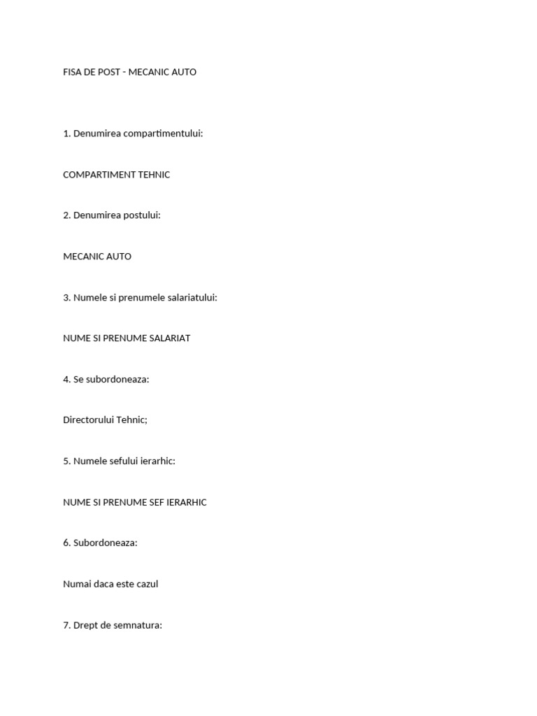 Anexa 3-Fisa-De-Post Mecanic Auto | PDF