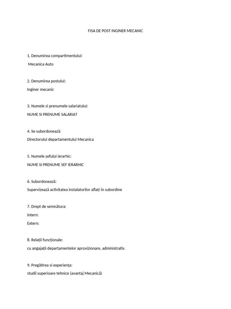 Anexa 2-Fisa-De-Post Inginer Mecanic Auto | PDF