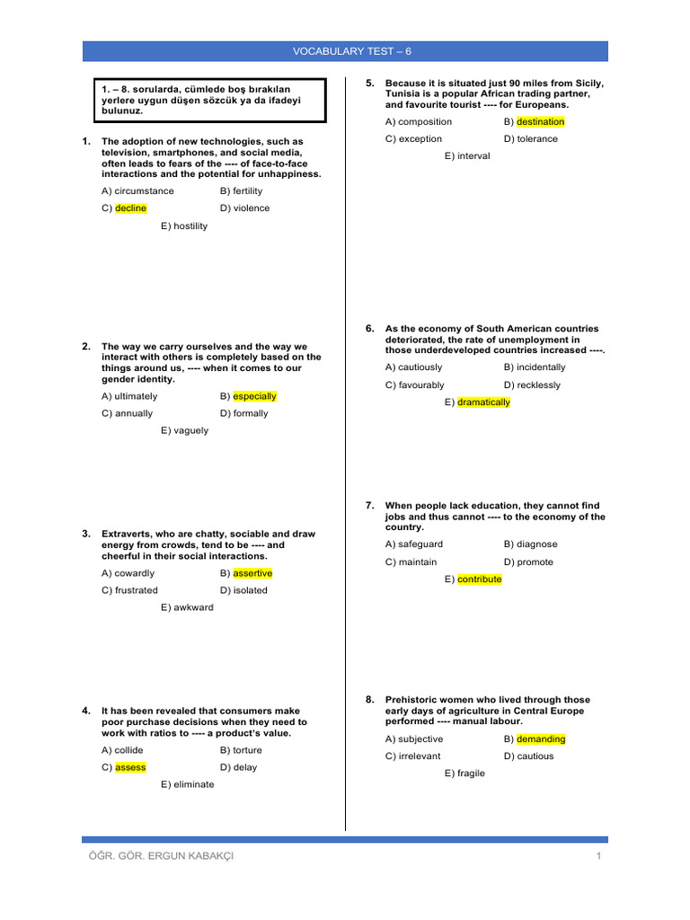 Vocabulary Test 6 Key Pdf