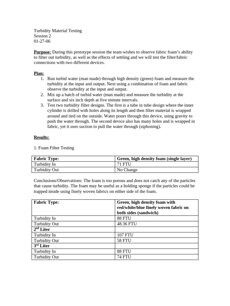 Turbidity Test Session 2 - 012706 | PDF