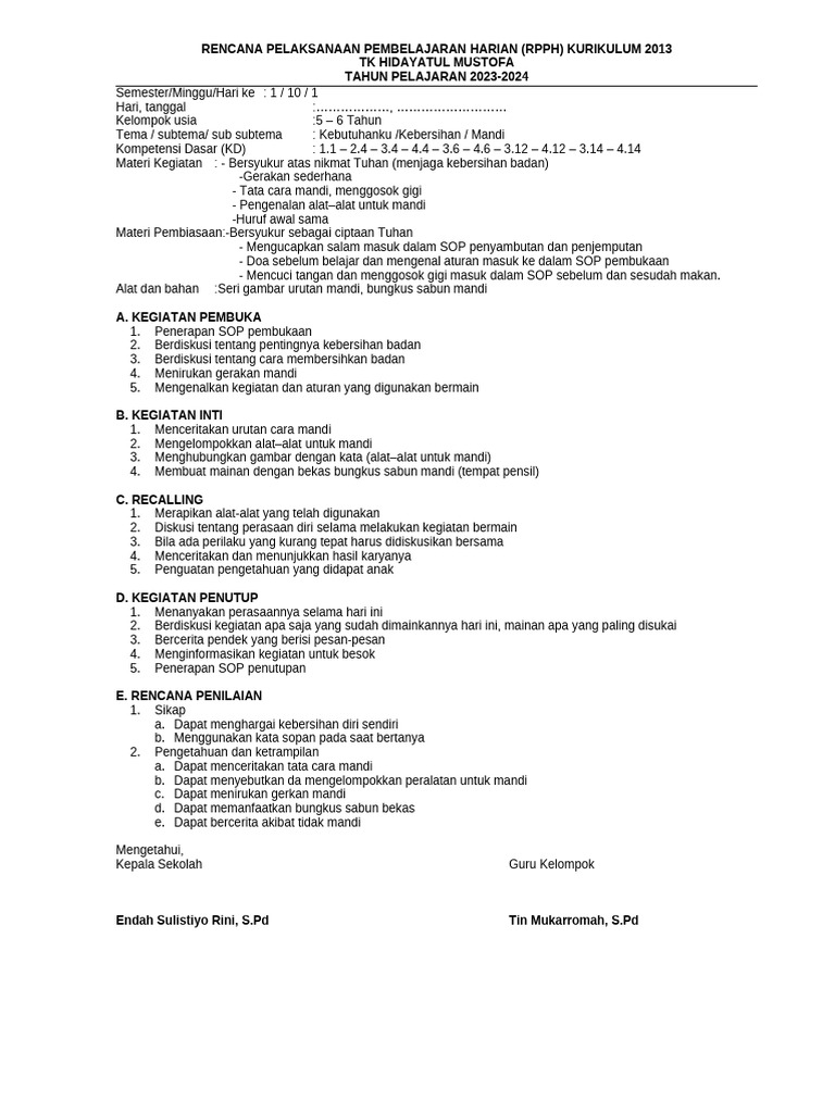 RPPH TK-B SMT1 Minggu - 10 - Kebersihan, Kesehatan, Keamanan | PDF