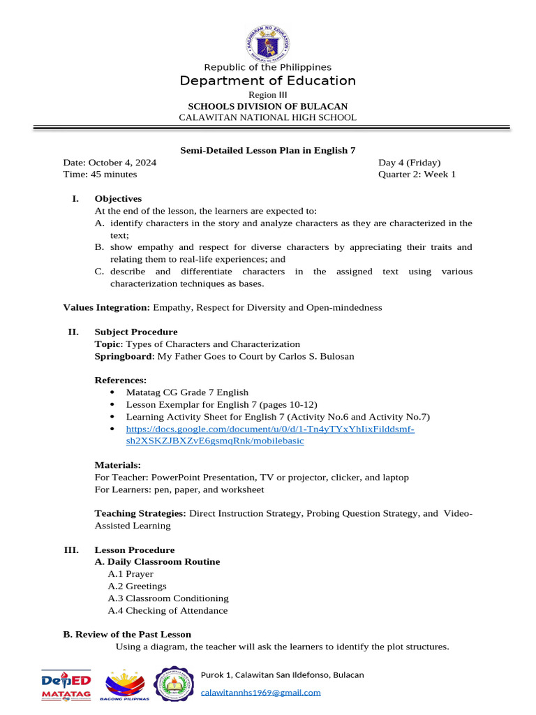 Week 1 Day 4 Eng 7-Semi Detailed LP | PDF | Lesson Plan | Human ...