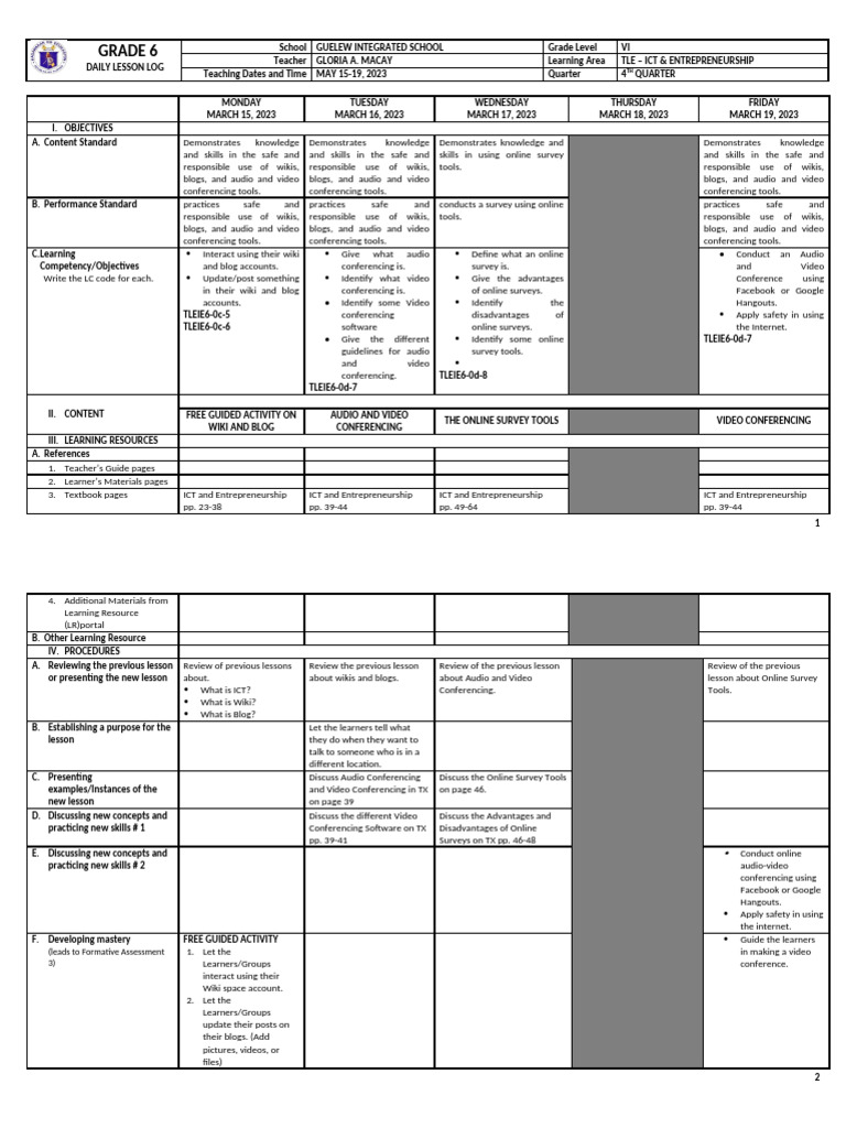 DLL TLE 6 ICT and Entrep May 15 - 19, 2023 | PDF