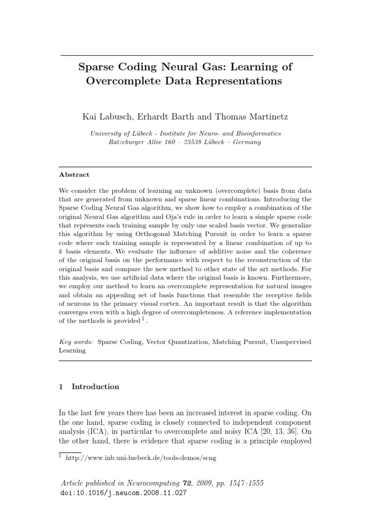 Sparse Coding Neural Gas Algorithm Overview | PDF | Basis (Linear ...