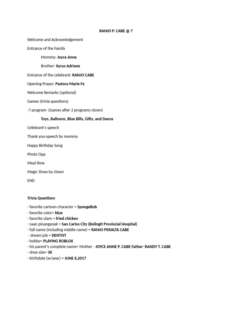 7th Bday Program | PDF