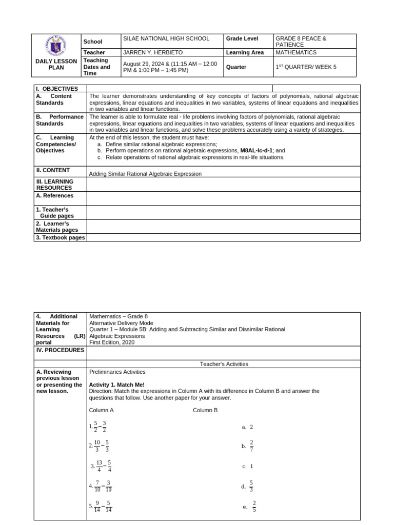 DLP MATH 8 Q1 WEEK 5 Day 2 | PDF | Equations | Teaching Methods & Materials