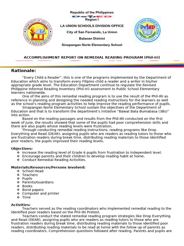 Remedial reading accomplishment report pdf
