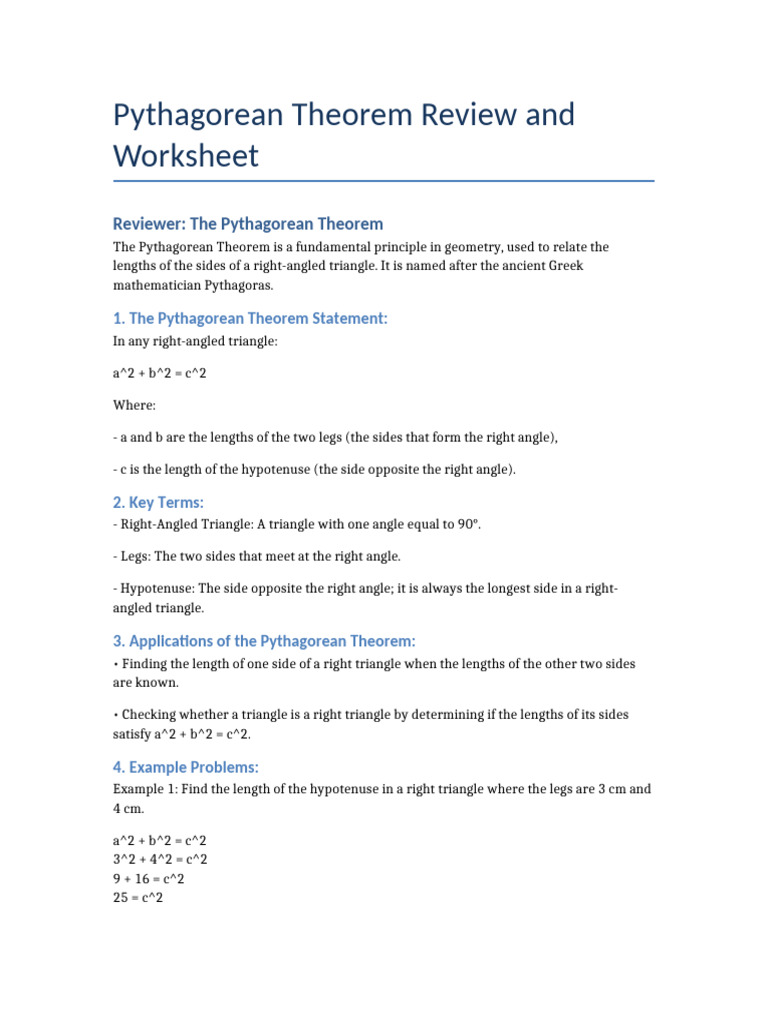 Pythagorean Theorem Review And Worksheet Pdf