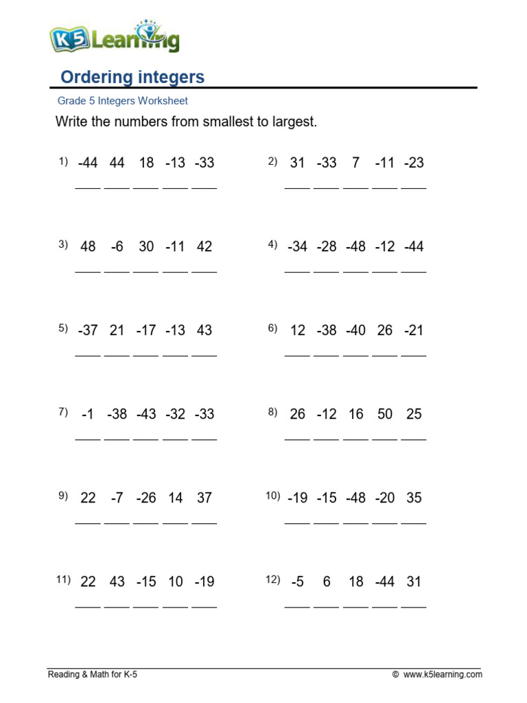 Grade 5 Integers Comparing | PDF