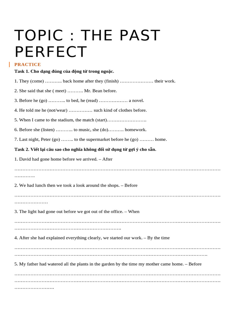 Topic - The Past Perfect 1 | PDF
