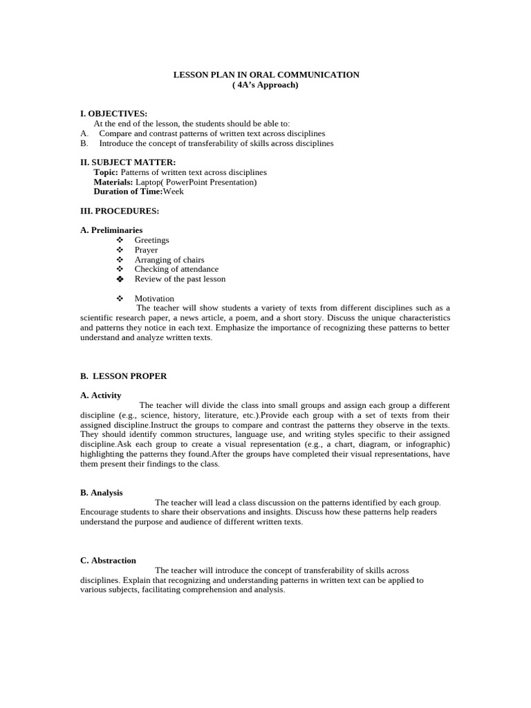 Oral Communication Lesson Plan: Text Patterns | PDF | Writing | Lesson Plan