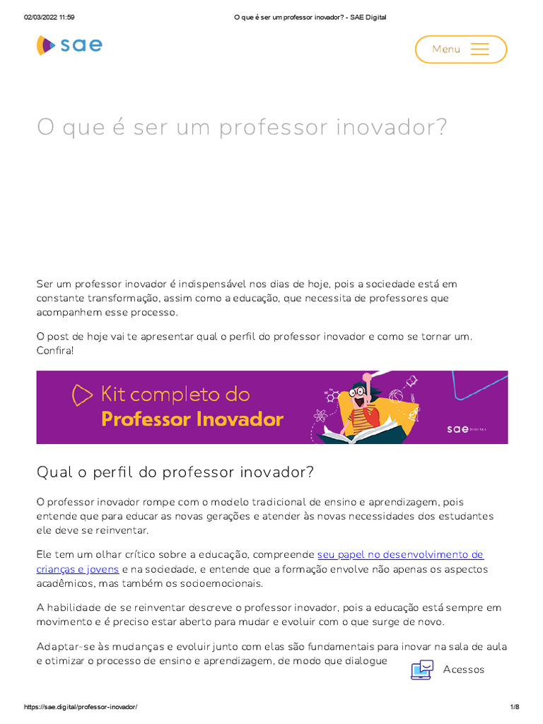 O Que É Ser Um Professor Inovador - SAE Digital | PDF