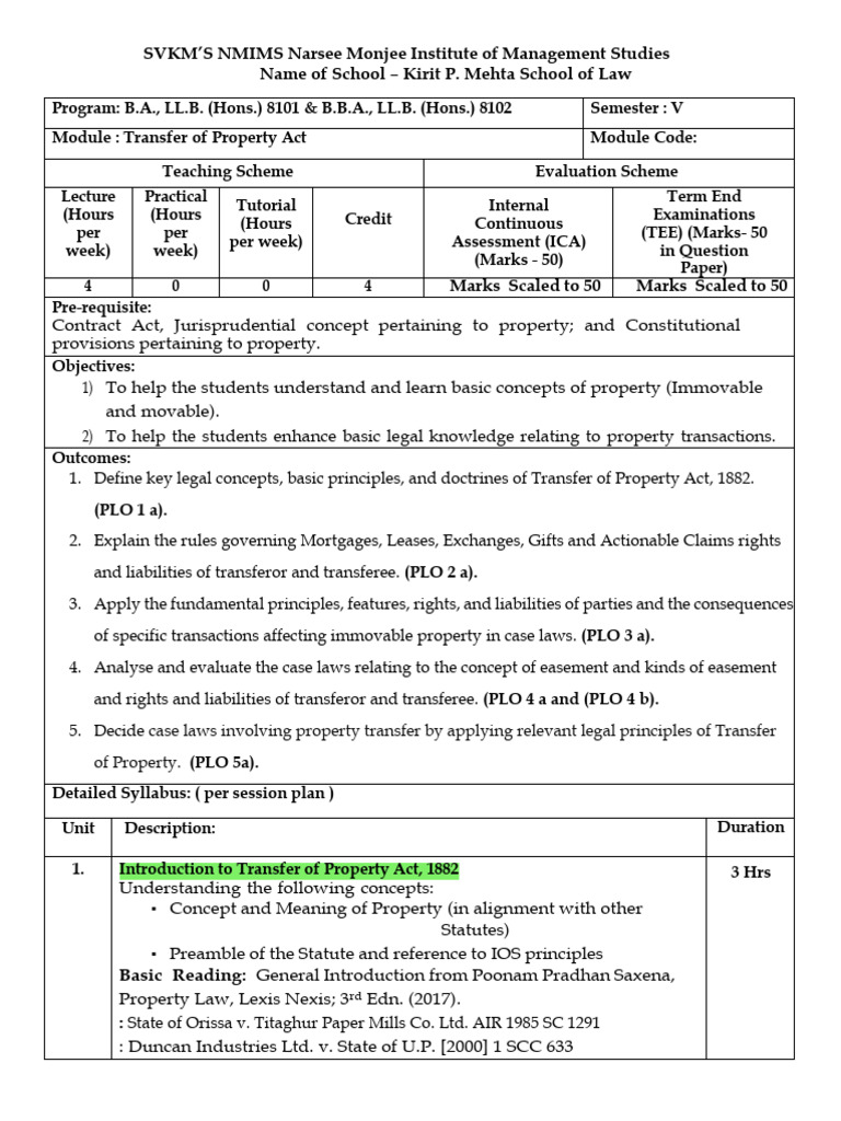 Sem V - Transfer of Property Act - 2024-25 | PDF