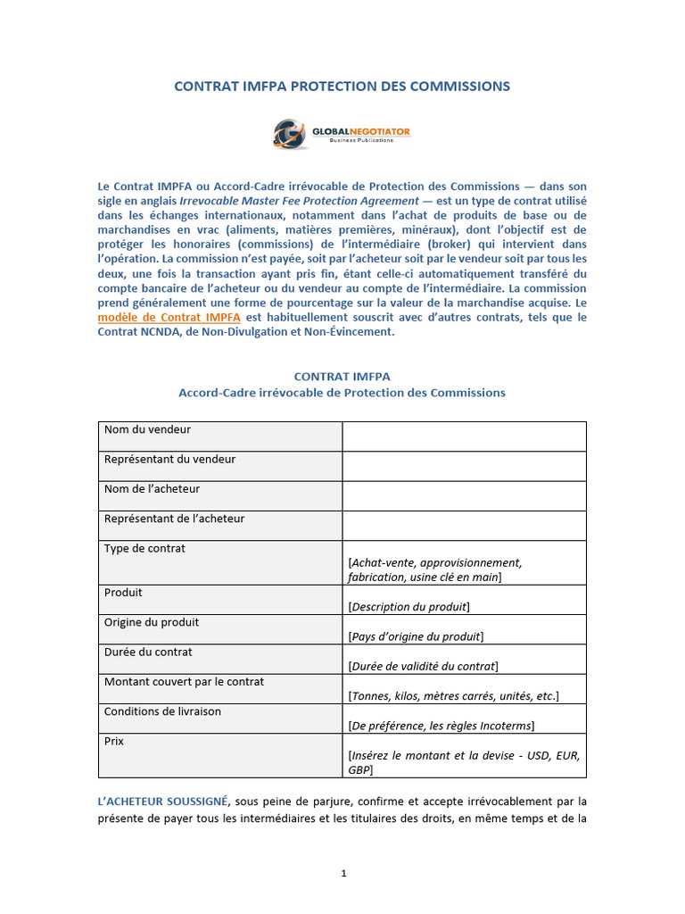 Contrat IMFPA Protection Commissions Français | PDF
