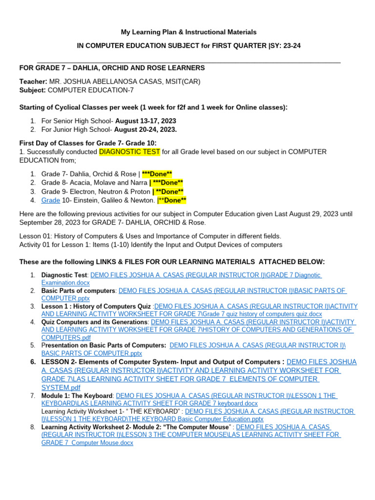 For Grade 7 - Grade 10 Learning Plan For Computer Education Subject | PDF