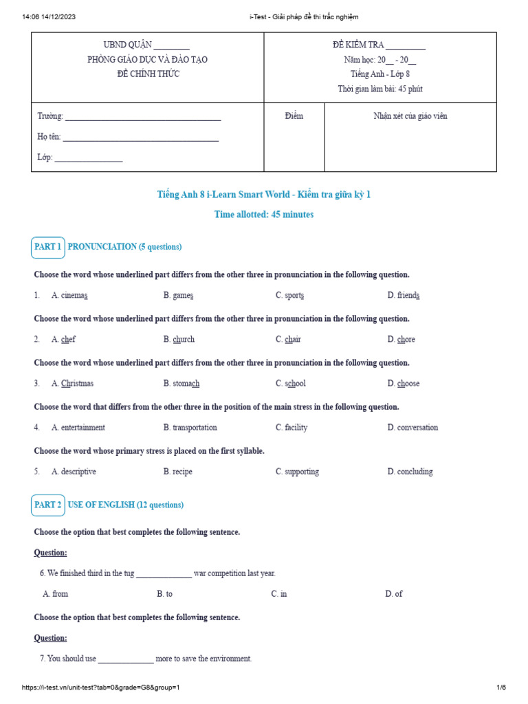 Đề Thi Tiếng Anh 8 I Learn Smart World MIDTERM HK1 ĐỀ 1 | PDF