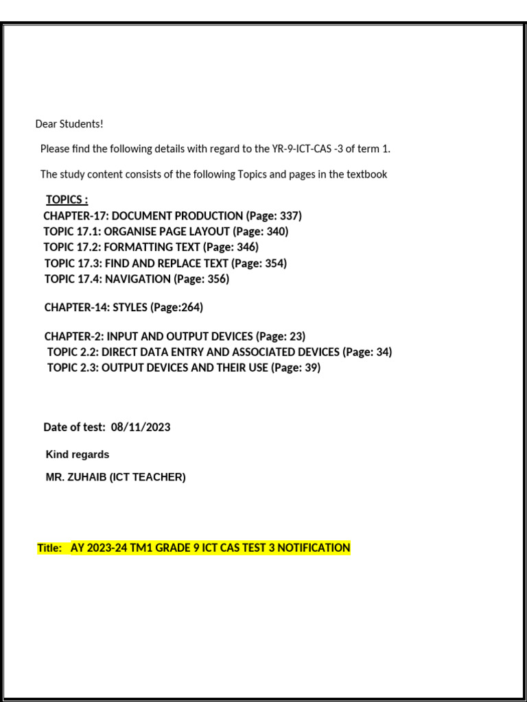 CAS TEST 3 Notification - Y 9 | PDF