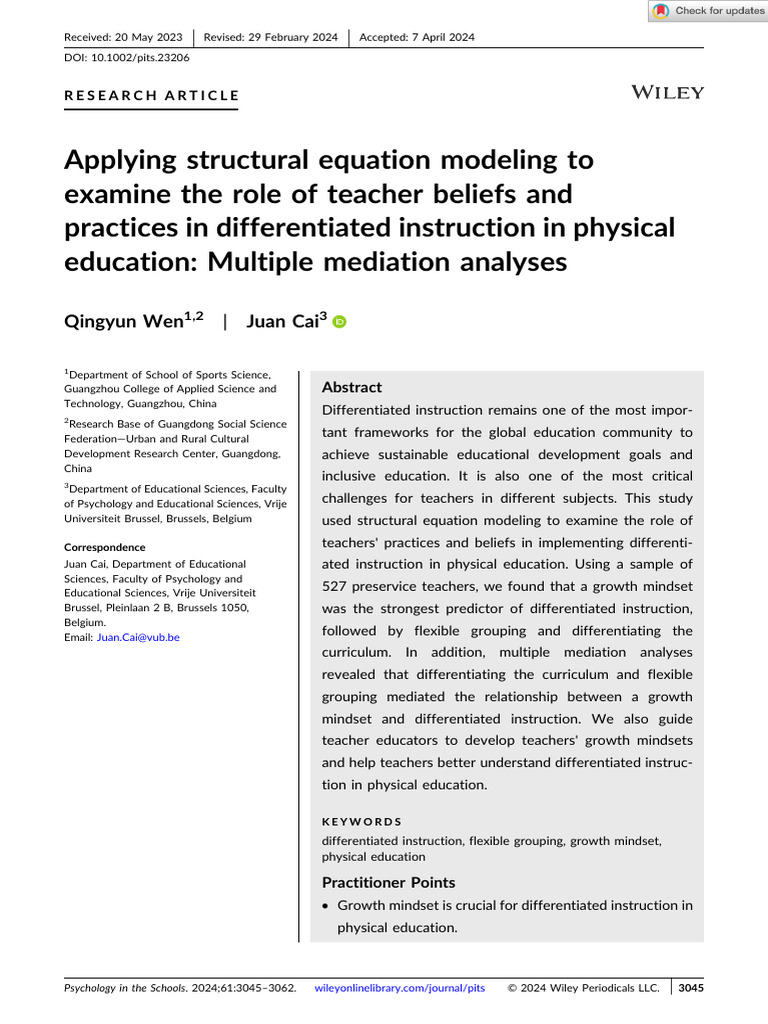 Psychology in The Schools - 2024 - Wen - Applying Structural Equation ...