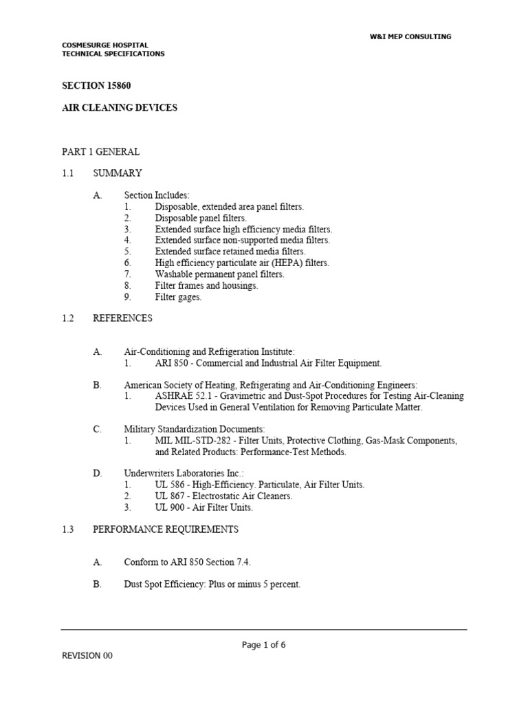 SECTION 15860 Air Cleaning Devices: W&I Mep Consulting Cosmesurge ...