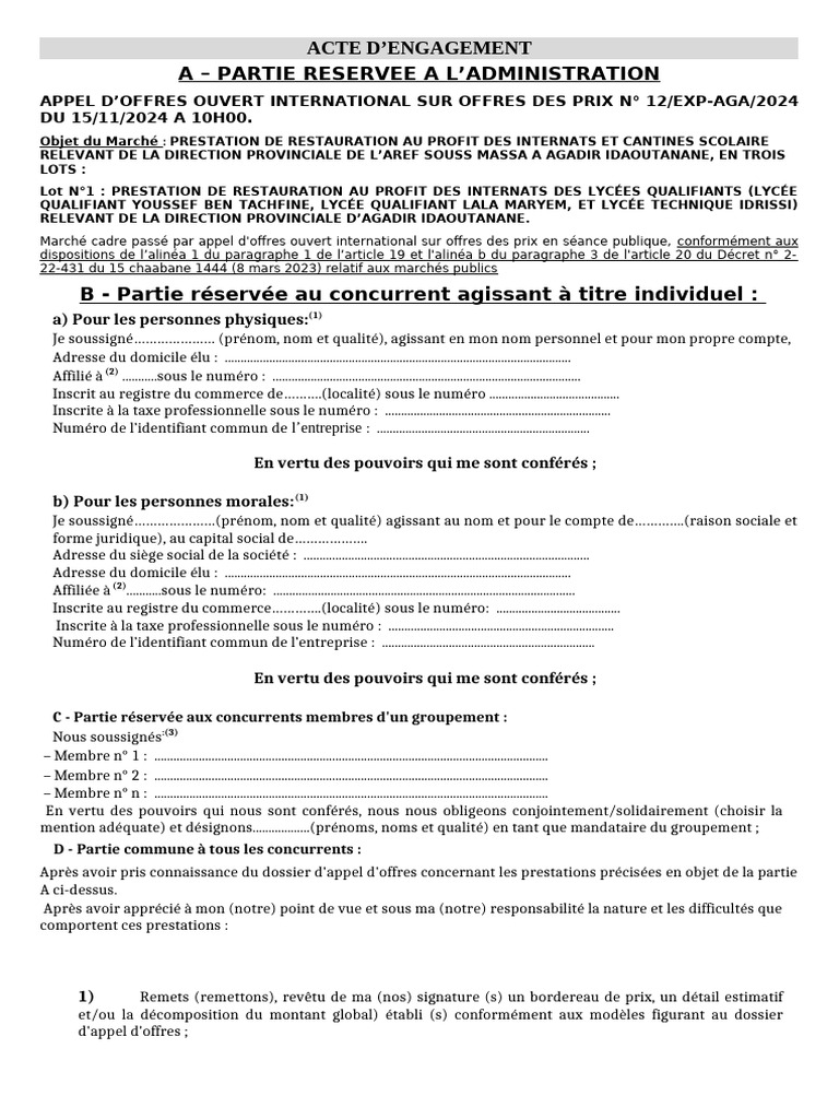 ACTE D'ENGAGEMENT - Lot N°1 | PDF