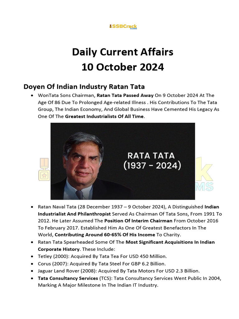 Current Affairs 10 October 2024 | PDF