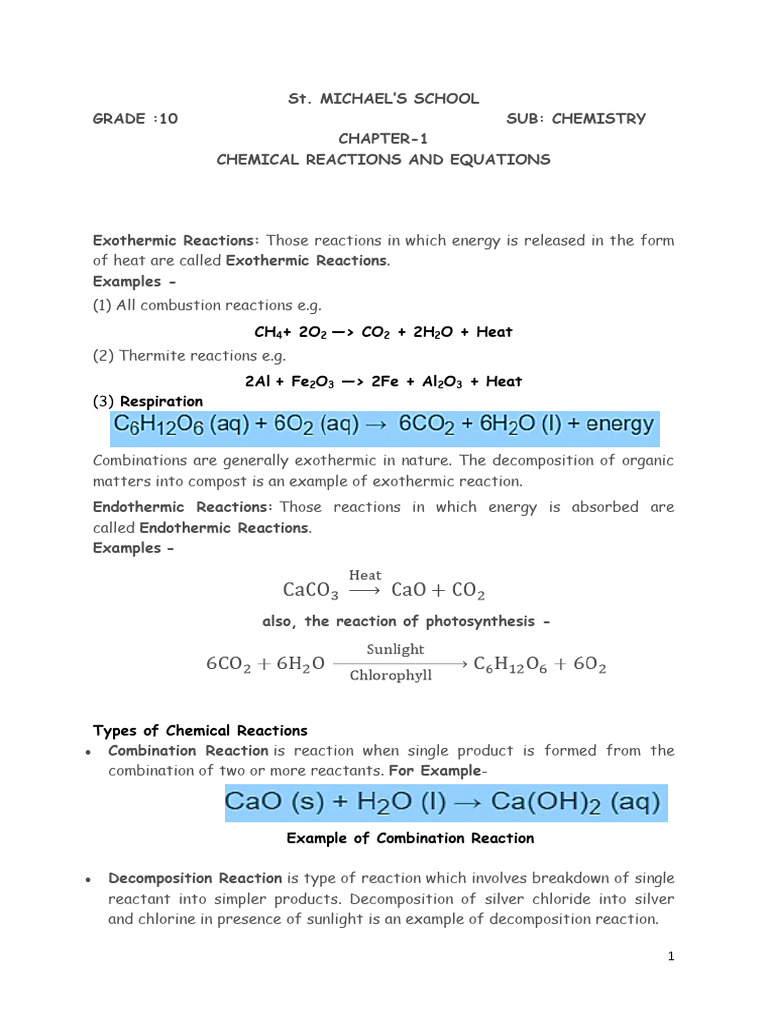 Chemical reactions and equations Reference Notes | PDF