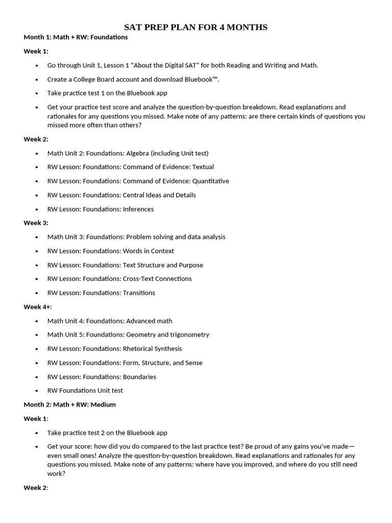 Sat Prep Plan For 4 Months | PDF