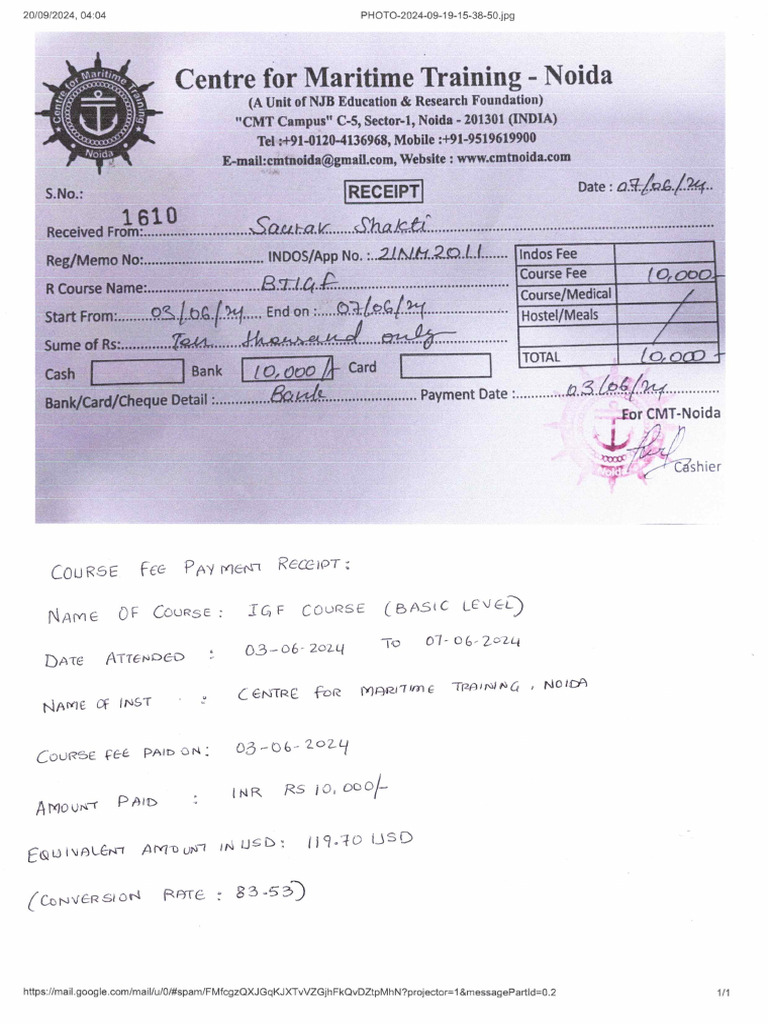 IGF Basic Course Fee Payment Receipt | PDF